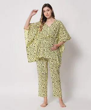 Aujjessa Three Fourth Batwing Sleeves Floral Design Printed Maternity Front Zipper Feeding Night Suit - Yellow