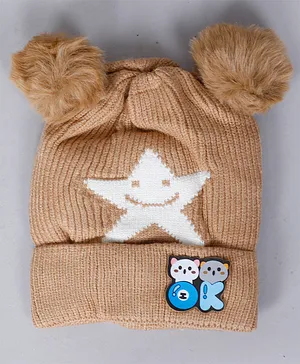 Tahanis Woolen Knitted Star And Pom Pom Detail Cap - Beige