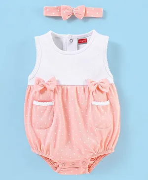 Babyhug 100% Cotton Sleeveless Polka Dots Print Onesie With Bow Applique & Headband - Peach