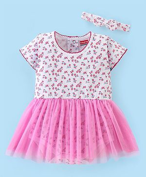 Babyhug 100% Cotton Knit Half Sleeves Frock Style Onesie with Headband Floral Print - Pink