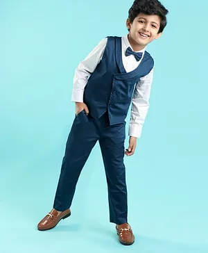 Mark & Mia Full Sleeves Solid Party Suit with Bow & Striped Waistcoat - Green