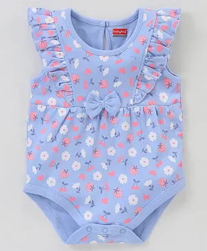 Babyhug 100% Cotton Frill Sleeves Floral Print Onesies with Bow Applique - Blue