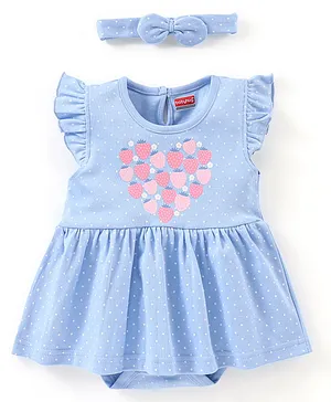 Babyhug 100% Cotton Frill Sleeves Frock Style Onesies with Hairband Strawberry Print - Blue
