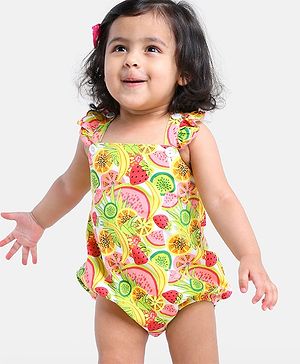 Babyhug 100% Cotton Sleeveless Fruits Printed Onesie - Green Pink & Red