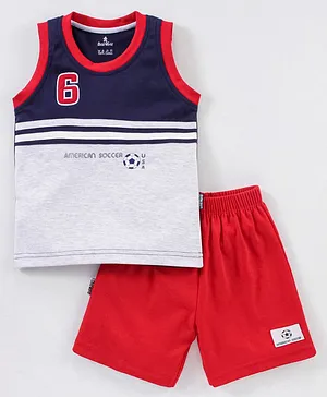 Child World Cotton Sleeveless Color Block Pattern T-Shirt with Solid Colour Shorts - Blue & Red