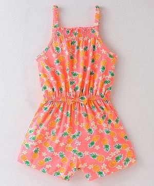Babyhug 100% Cotton Knitted Sleeveless Jumpsuit with Bow Applique and Pineapple Print - Neon Orange