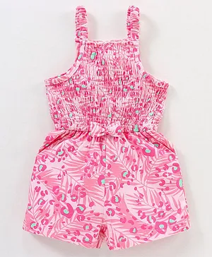 Babyhug 100% Cotton Knitted Sleeveless Jumpsuit With Attched Bow  Leaf Print - Pink