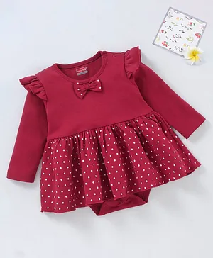 Babyhug 100% Cotton Knit Full Sleeves Onesie with Bow Applique Polka Dots Print - Red