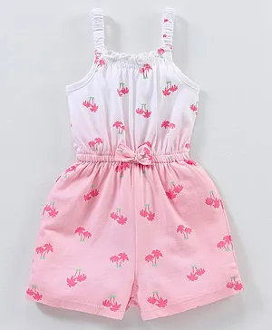Babyhug 100% Cotton Knitted Sleeveless Jumpsuit With Attched Bow Palm Tree Print - White