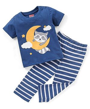 Babyhug Cotton Knit Half Sleeves Night Suit Fox Print - Navy Blue