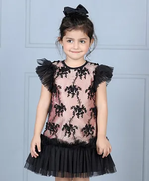 Dress My Angel Cap Frill Sleeves Lace Embellished Flare Dress - Black