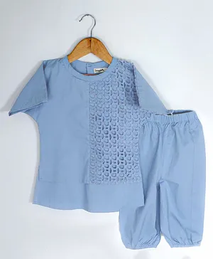 SnuggleMe Half Sleeves Lace Work Embellished Tee With Balloon Pant - Blue
