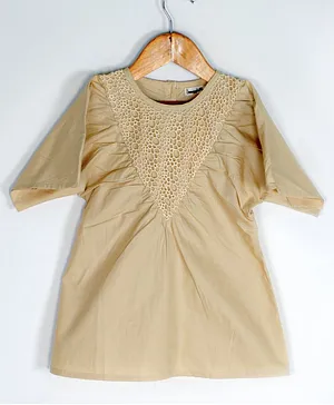 SnuggleMe Half Bell Sleeves Perforated Lace Embellished Dress - Beige