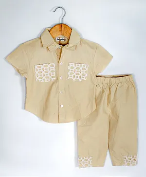 SnuggleMe Half Sleeves Lace Work Patch Pocket Detailed Shirt With Coordinating Pant - Beige