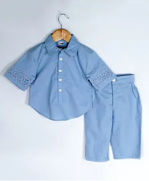 SnuggleMe Half Sleeves Lace Work Patch Detailed Curved Hem Shirt With Solid Pant - Blue