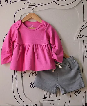Love The World Today Full Sleeves Solid Peplum Style Top & Shorts Set - Pink & Grey