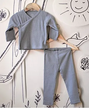 Love The World Today Full Sleeves Ribbed Kimono Top With Coordinating Pant - Grey