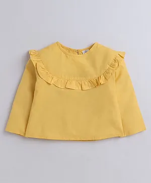 Aww Hunnie 100% Cotton Full Sleeves Solid Frilled Shoulder Top - Yellow