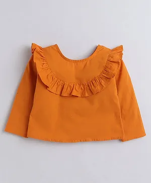 Aww Hunnie 100% Cotton Full Sleeves Solid Frilled Shoulder Top - Orange