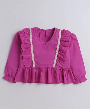 Aww Hunnie 100% Cotton Full Sleeves Solid Ruffle Lace Top - Purple