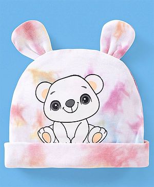 Babyhug 100% Cotton Cap With Ear Applique Teddy Print Multicolour - Diameter 11.5 cm