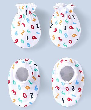 Babyhug 100% Cotton Mittens & Booties Set Numbers Print - White