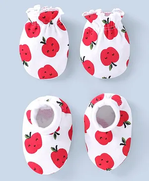 Babyhug 100% Cotton Mittens & Booties Set Apple Print - White & Red