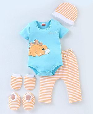 Babyhug 100% Cotton Half Sleeves Onesies with Leggings and Cap Mittens Booties Dino & Striped Print - Multicolour