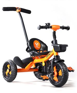 Babyhug Plug & Play Black Hawk Tricycle With Parental Push Handle & Storage Basket - Tiger Orange