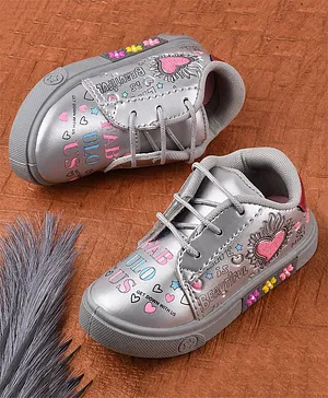 KATS Fabulous Hearts Printed Laced Up Sneakers - Silver