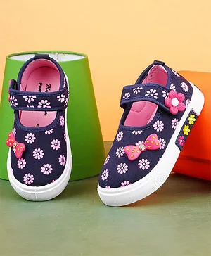 KATS Printed With Flower Applique Ballerinas - Pink & Navy Blue