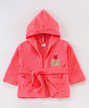 Babyhug Knit Terry Full Sleeves Hooded  Bath Robe with  Bear Patch - Red