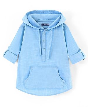 Pine Kids 100% Cotton Woven Soft Hand Feel Full Sleeves Hooded Shirt with Kangaroo Pocket - Blue