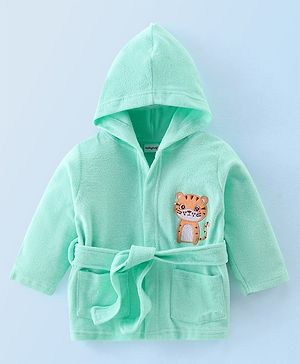Babyhug Knit Terry Full Sleeves Hooded Bath Robe with Tiger Patch - Blue