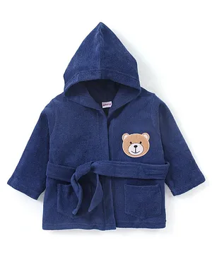 Babyhug Terry Knit Full Sleeves Hooded Bath Robe Teddy Patch - Blue