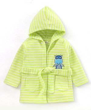 Babyhug Knit Terry Full Sleeves Striped Hooded  Bath Robe with  Diano Patch - Green