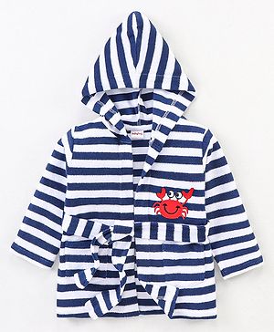 Babyhug Knit Terry Full Sleeves Striped Hooded  Bath Robe with  Crab Patch - Navy Blue