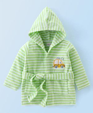 Babyhug Knit Terry Full Sleeves Hooded Bath Robe with Car Patch - Green
