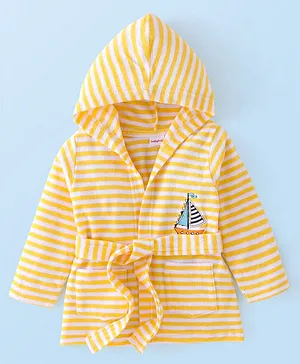 Babyhug Knit Terry Full Sleeves Hooded Stripe Bath Robe - Yellow