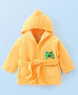 Babyhug Knit Terry Full Sleeves Hooded Bath Robe with Frog Patch - Yellow