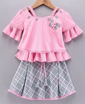 Enfance Cold Shoulder Bell Half Sleeves Lace & Butterfly Embellished Top With Checkered Skirt - Pink