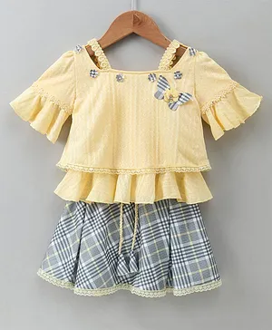 Enfance Cold Shoulder Bell Half Sleeves Lace & Butterfly Embellished Top With Checkered Skirt - Lemon Yellow