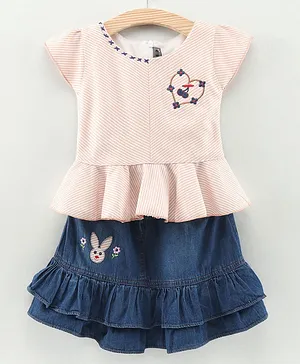 Enfance Cap Sleeves Striped & Floral Heart Embroidered Peplum Top With Bunny Patched Frill Detailed Skirt - Light Pink & Dark Blue