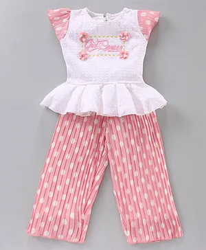 Enfance Cap Sleeves Flower Applique Embellished & Embroidered Peplum Top With Polka Dot Palazzo - Pink