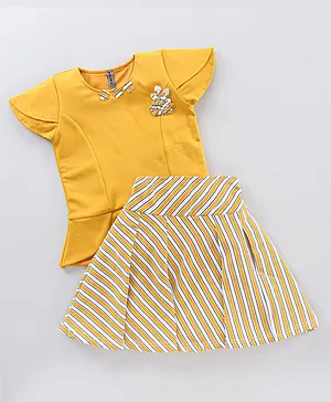 Enfance Cap Sleeves Flower Applique Top With Striped Skirt Set - Mustard Yellow