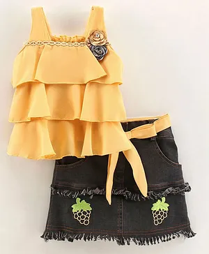 Enfance Sleeveless Corsage Applique Layered top With Fruit Printed Skirt - Yellow