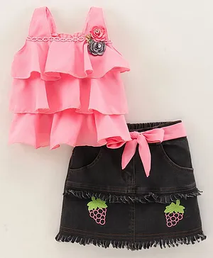 Enfance Sleeveless Corsage Applique Layered top With Fruit Printed Skirt - Pink