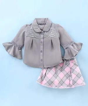 Enfance Three Fourth Sleeves Lace Detailing Top & Solid Camisole With Chequered Skirt Set - Pink & Grey