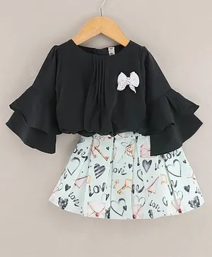 Enfance Three Fourth Bell Sleeves Bow Detail Top With Heart Printed Box Pleated Skirt - Dark Grey