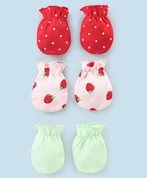 Babyhug 100% Cotton Mittens Strawberry & Dot Print Pack of 3- Pink & Red